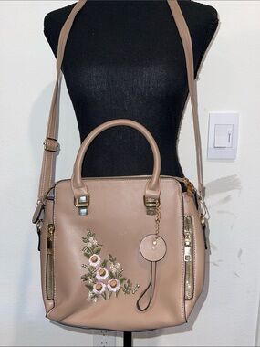 Womens Taupe Floral Embroidered Satchel Shoulder Bag